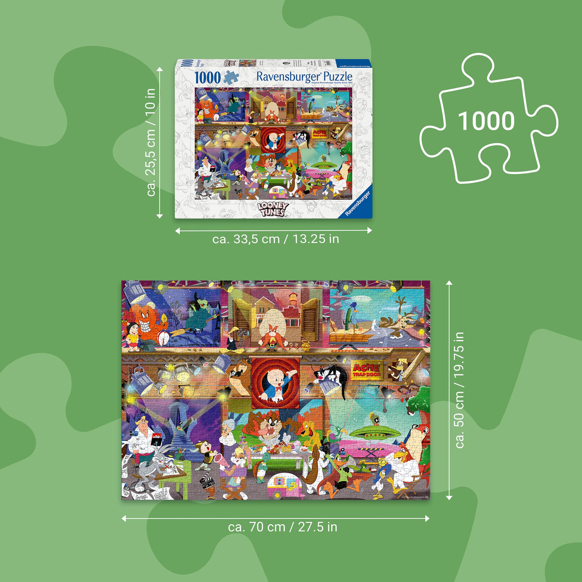 Ravensburger Looney Tunes Studio puzzle highlighting Softclick technology for smooth fitting.