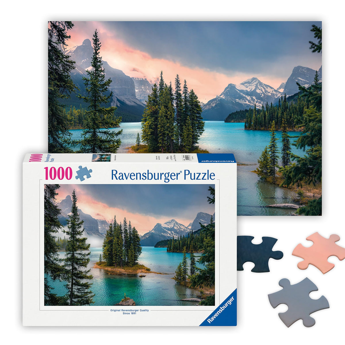 Ravensburger Maligne Lake 1000-piece puzzle with turquoise water and mountain scenery.