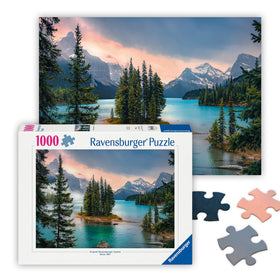 Ravensburger Maligne Lake 1000-piece puzzle with turquoise water and mountain scenery.