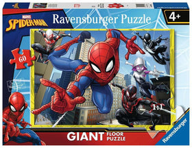 Ravensburger Marvel Spider-Man 60-piece puzzle shows Spider-Man in action; highlights focus during play.