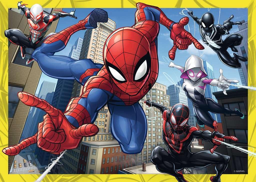 Ravensburger Marvel Spider-Man 60-piece puzzle cityscape image invites family puzzling sessions.