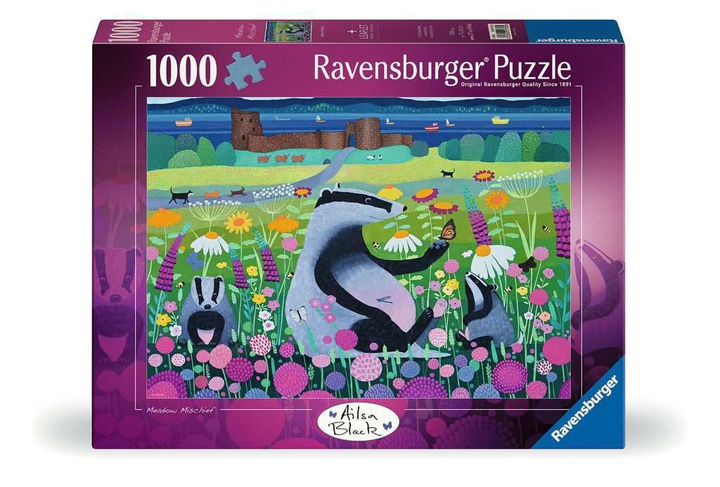 Ravensburger Meadow Mischief puzzle overview showing a vibrant meadow scene for mindful evenings