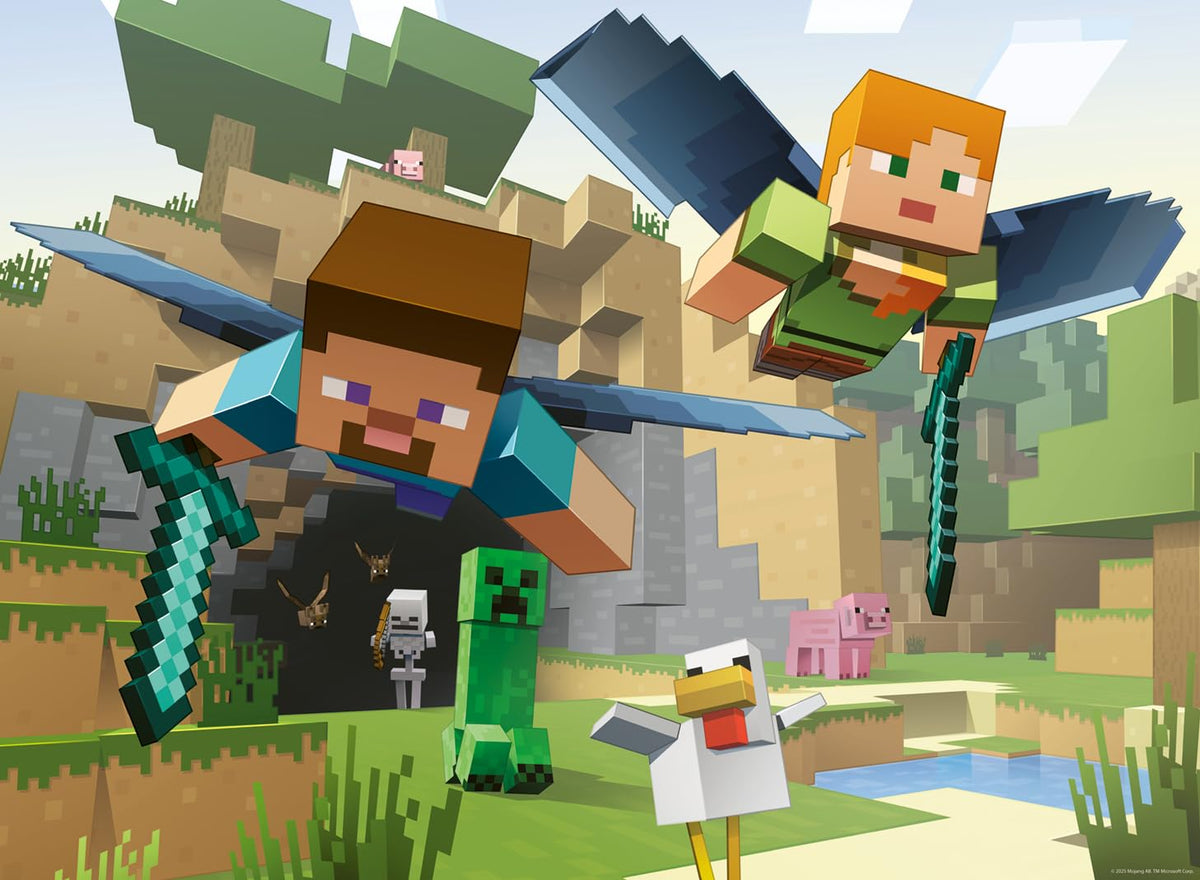 Ravensburger Minecraft Adventures 200-piece puzzle showing iconic pixel world for screen-free family fun.
