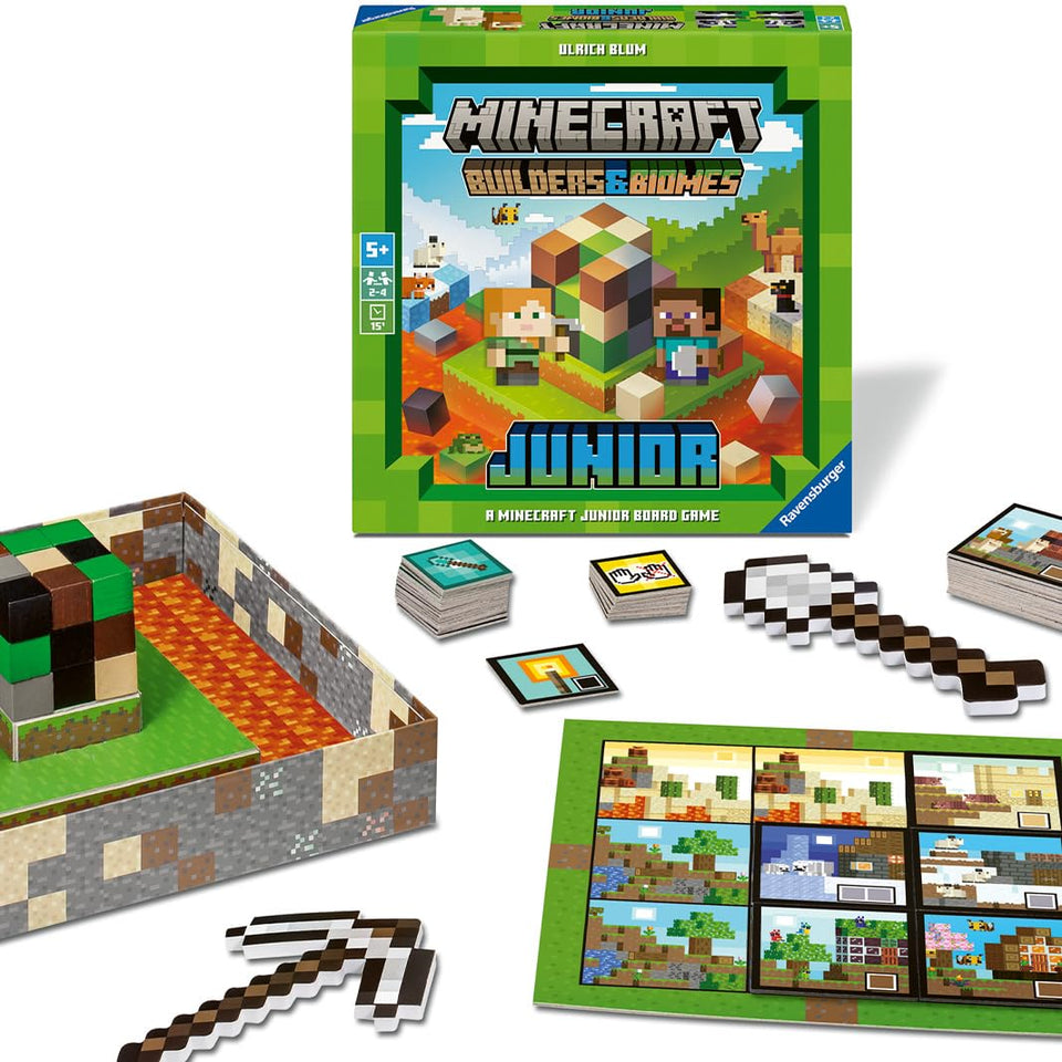 Ravensburger Minecraft Builders Biomes Junior farm-building scene promoting teamwork.