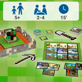 Ravensburger Minecraft Builders Biomes Junior pickaxe and shovel in action for block gathering.