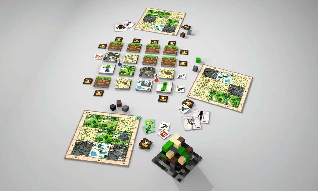 Four player boards ready for up to four players in Ravensburger Minecraft Builders & Biomes.