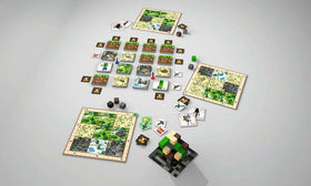 Four player boards ready for up to four players in Ravensburger Minecraft Builders & Biomes.