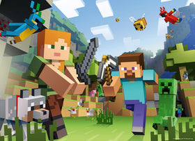 Ravensburger Minecraft building cities scene; imaginative imagery supports focus and creativity.