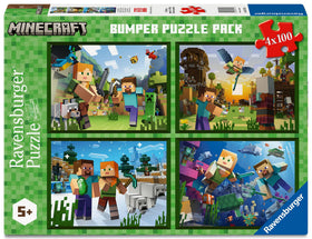 Ravensburger Minecraft 4x100-piece puzzle pack cover; colorful scenes for family puzzle nights.