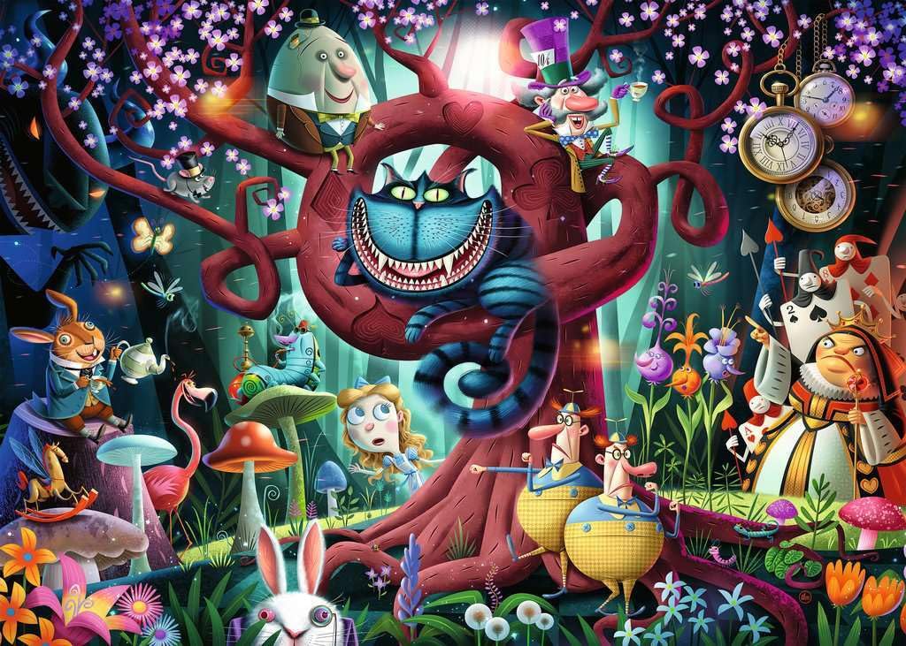 Ravensburger Most Everyone is Mad puzzle: Cheshire Cat scene—vibrant colors for joyful puzzling