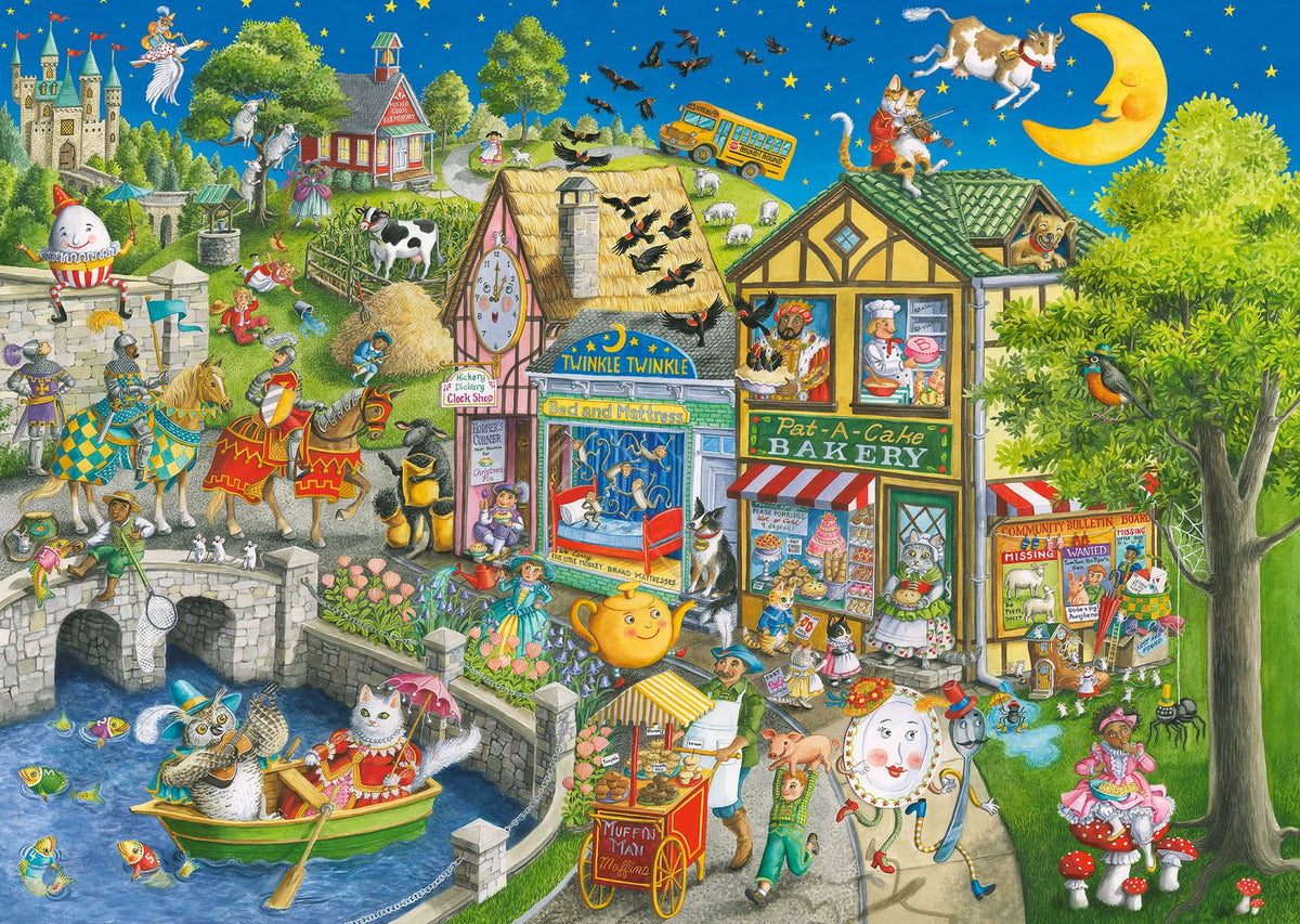 Ravensburger Mother Gooseville puzzle cover with vibrant artwork for engaging puzzling sessions.