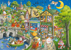 Ravensburger Mother Gooseville puzzle cover with vibrant artwork for engaging puzzling sessions.