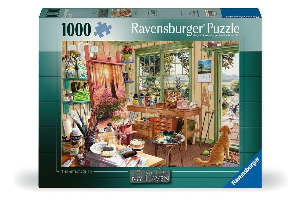 Ravensburger My Haven Artist's Shed forest view puzzle promotes focus and relaxation