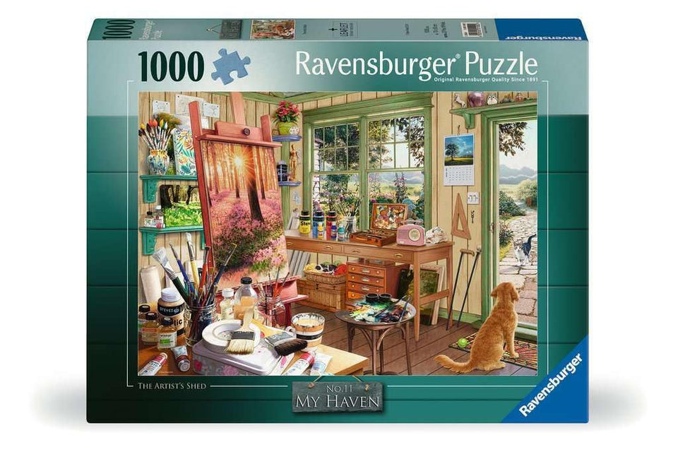 Ravensburger My Haven Artist's Shed forest view puzzle promotes focus and relaxation