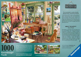 Ravensburger My Haven Artist's Shed pets and easel close-up for cozy solo activity