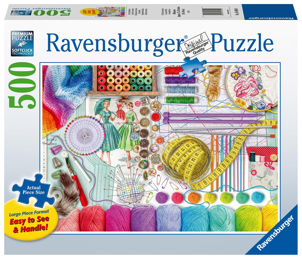 Ravensburger Needlework Station 500-piece puzzle with easy-to-handle pieces for comfortable puzzling.