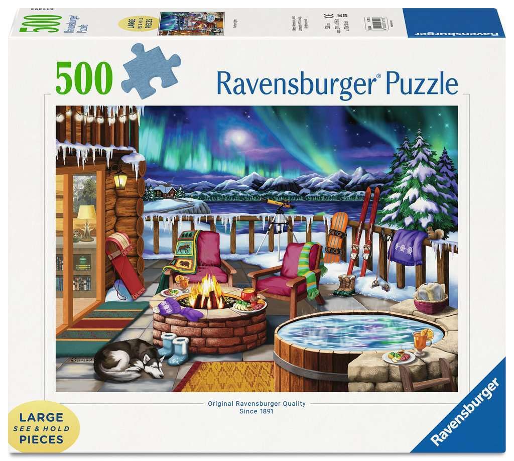 Ravensburger Northern Lights puzzle shows the aurora over a cozy cabin for mindful relaxation.