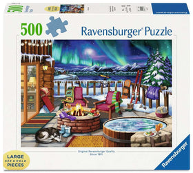 Ravensburger Northern Lights puzzle shows the aurora over a cozy cabin for mindful relaxation.