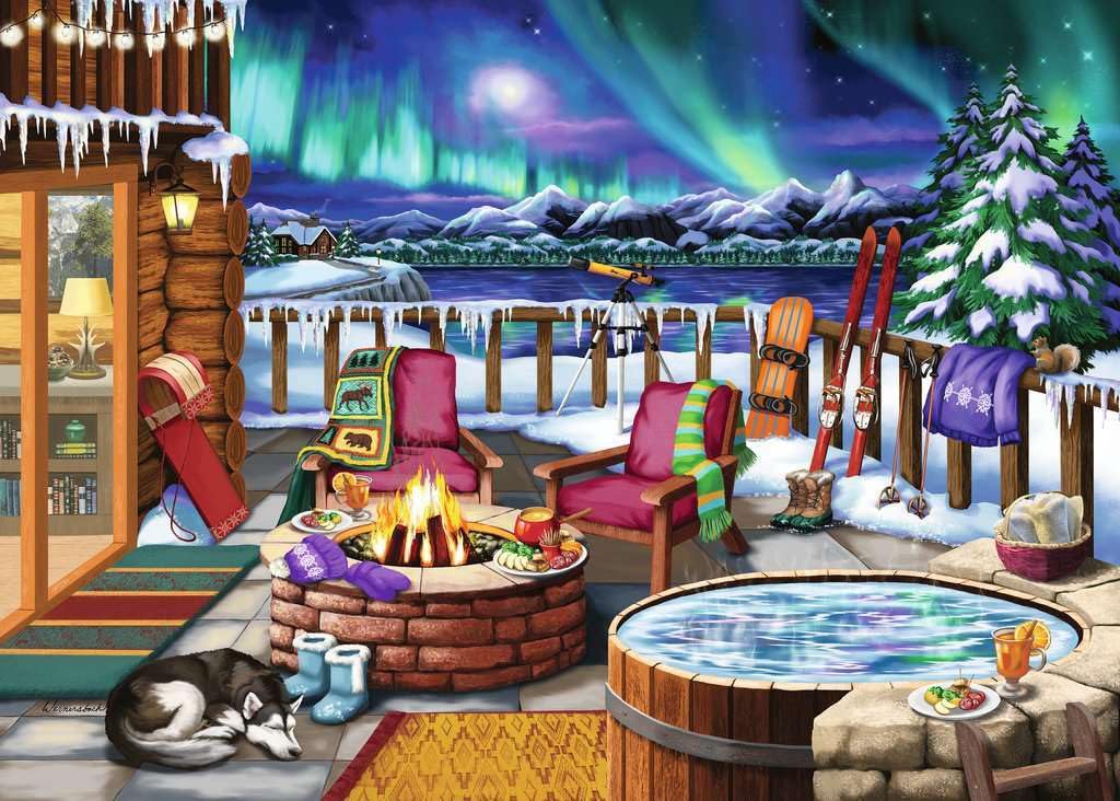 Ravensburger Northern Lights puzzle features glowing cabin windows for cozy evenings.