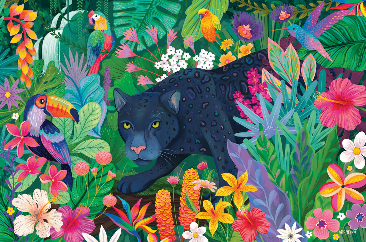 Ravensburger panther in flowery jungle puzzle hero scene promotes calm focus during puzzling