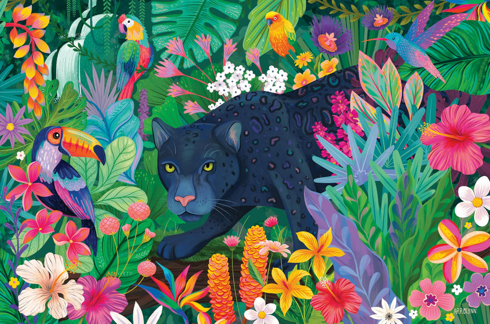 Ravensburger panther in flowery jungle puzzle hero scene promotes calm focus during puzzling