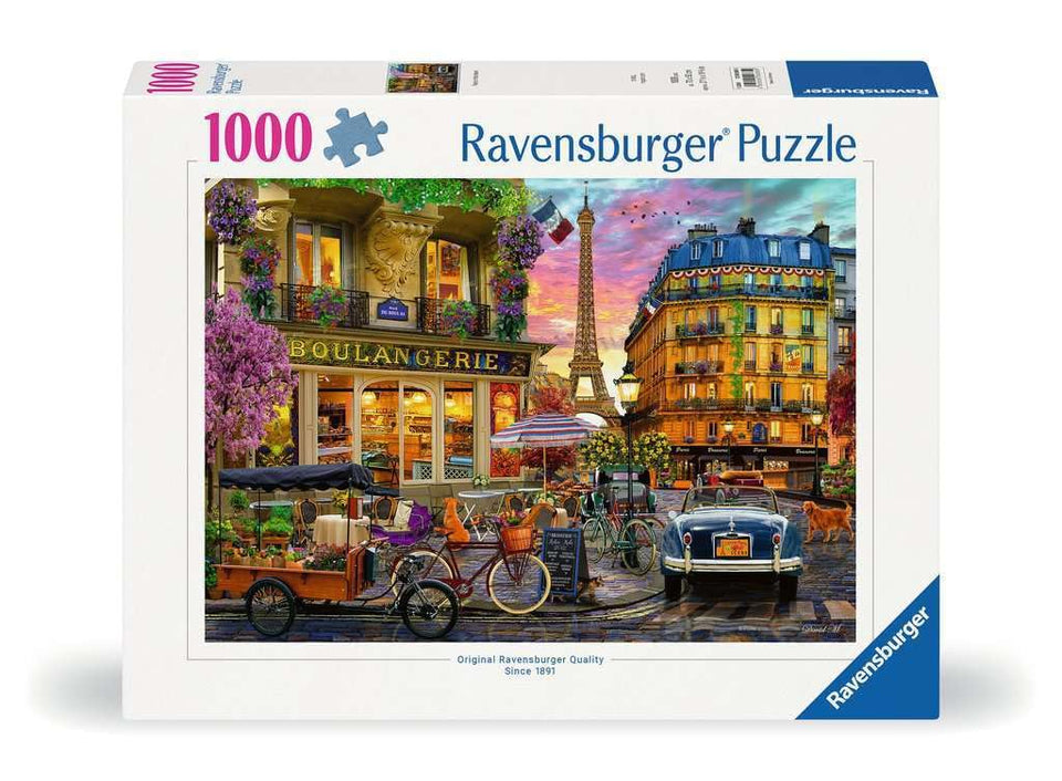 Ravensburger Paris at Dawn Eiffel Tower sunrise puzzle for mindful relaxation.