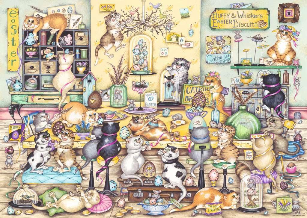 Ravensburger pastel spring cat scene invites relaxing solo puzzling sessions.