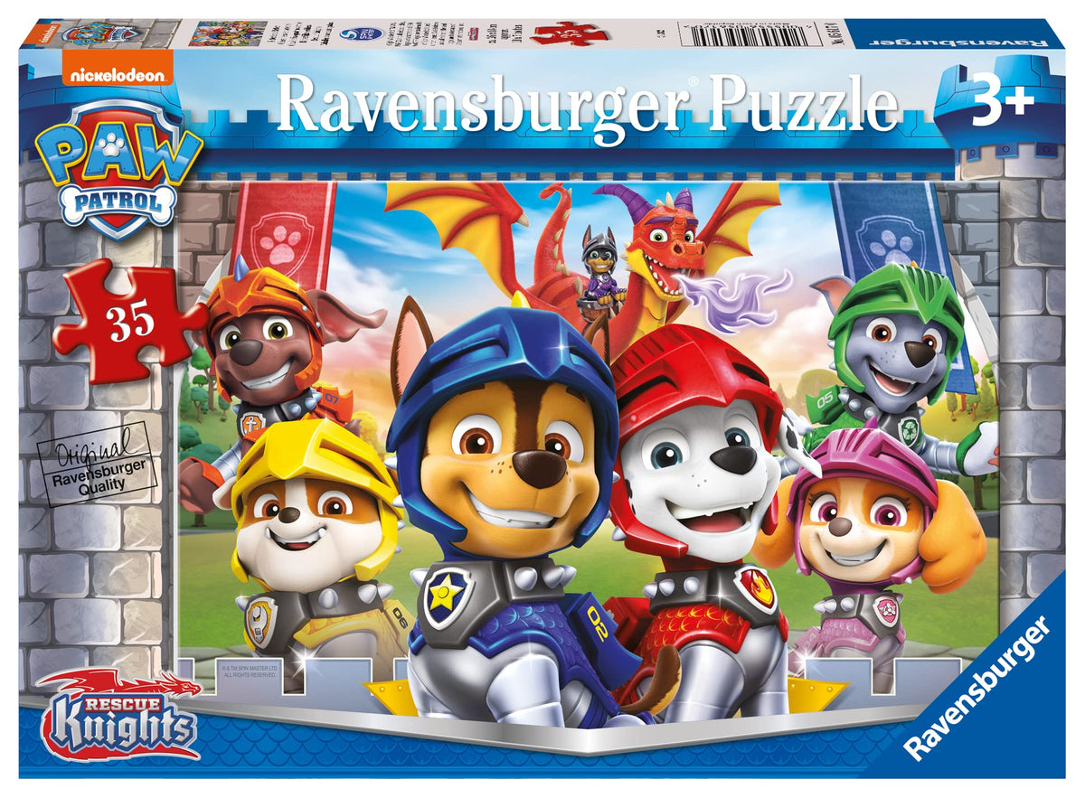 Ravensburger Paw Patrol Knights and Dragons puzzle image with Rescue Knights and dragon adventure, supports early concentration.