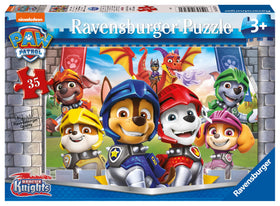 Ravensburger Paw Patrol Knights and Dragons puzzle image with Rescue Knights and dragon adventure, supports early concentration.