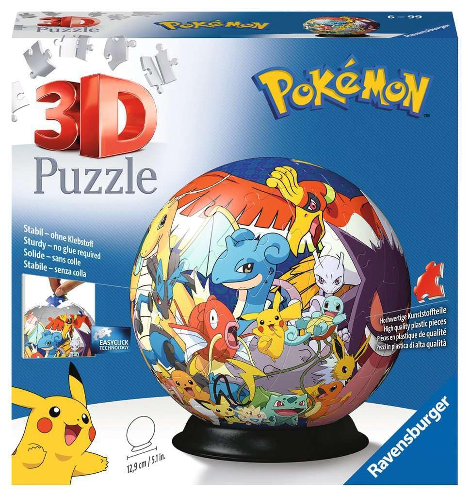 Ravensburger Pokemon 3D Ball on display stand with characters, ideal for shelf display.