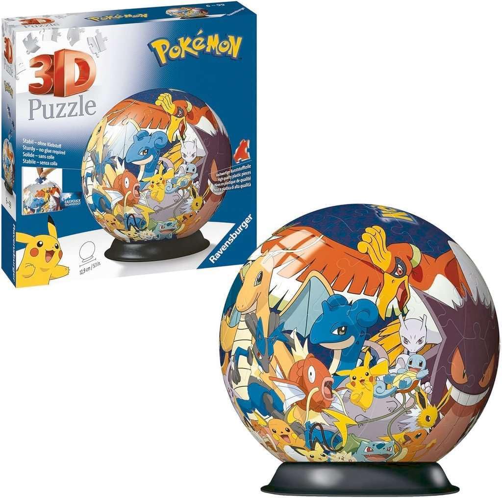 Pikachu and friends visible in the Ravensburger 3D Ball during play.