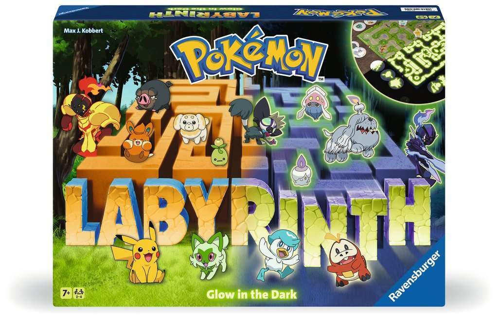 Ravensburger Pokémon Labyrinth Glow in the Dark game board glows for exciting night play.