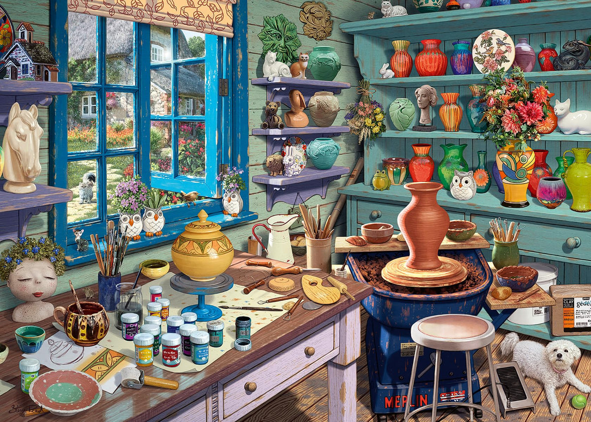 Ravensburger Pottery Studio Sanctuary puzzle cover promotes mindful relaxation with vibrant colors