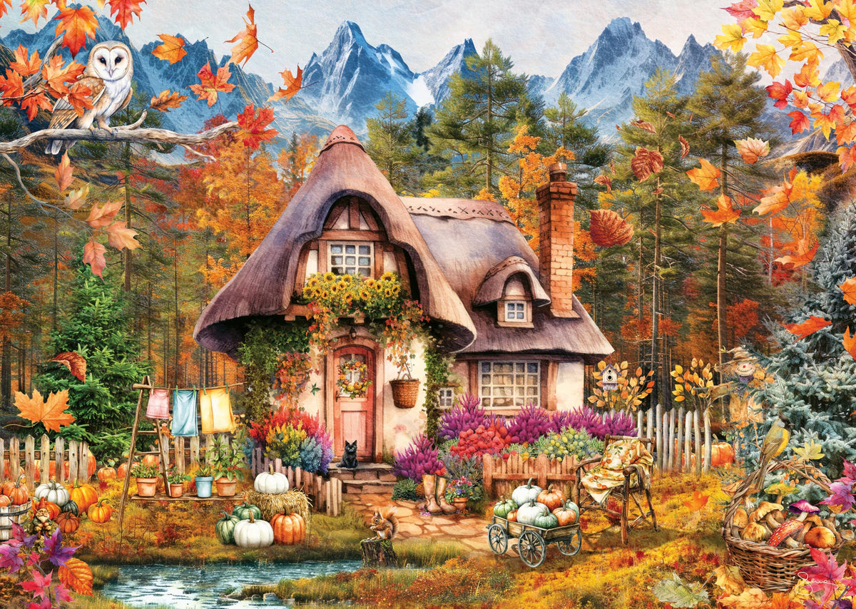 Ravensburger Pumpkin Cottage puzzle cover inviting autumn scene for family puzzling fun.