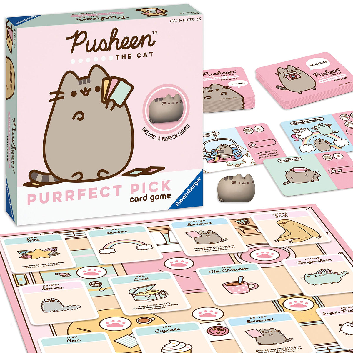 Ravensburger Pusheen Purrfect Pick game board with cozy house and park scenes for family fun.