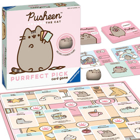 Ravensburger Pusheen Purrfect Pick game board with cozy house and park scenes for family fun.