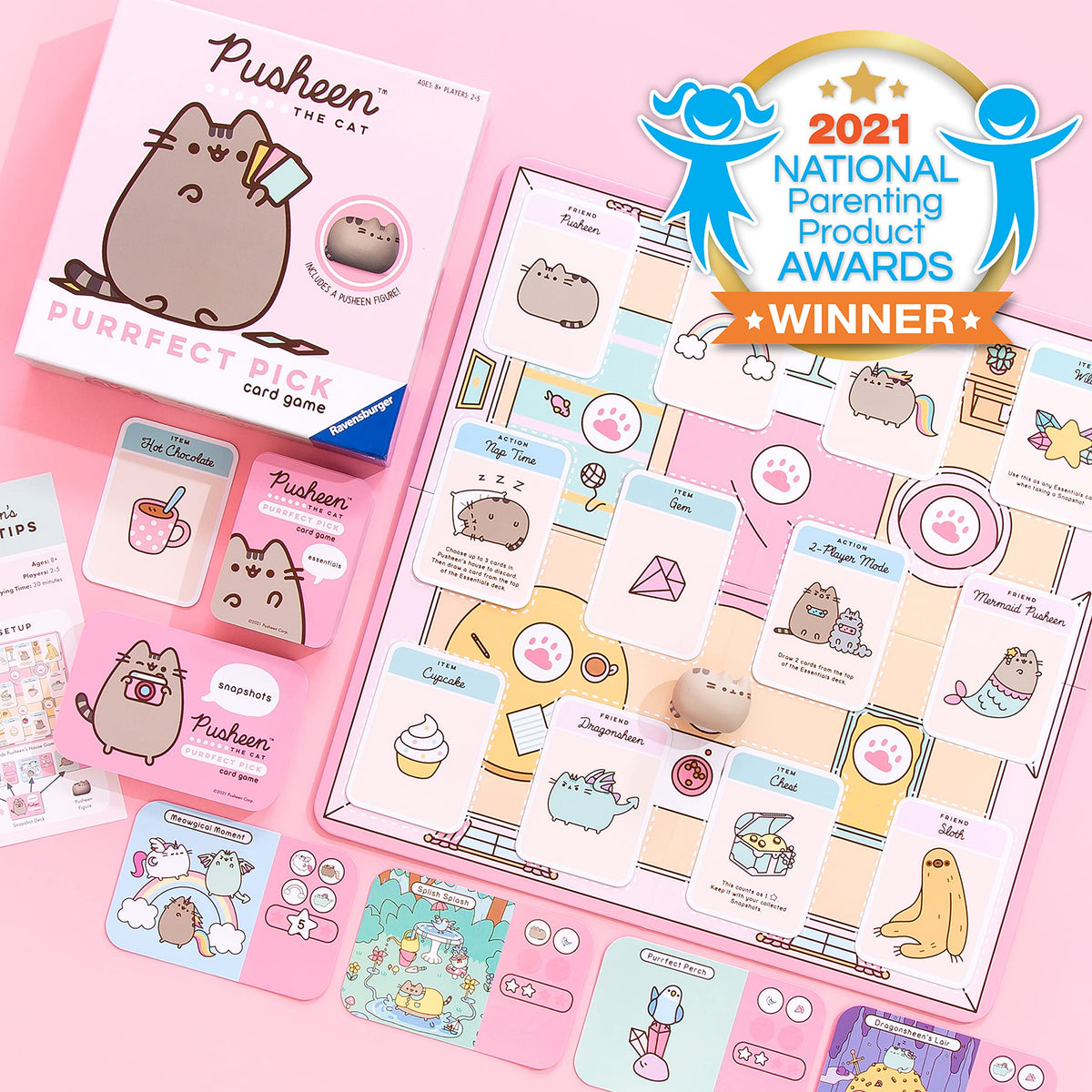 Ravensburger Pusheen Purrfect Pick park scene invites outdoor-themed rounds.