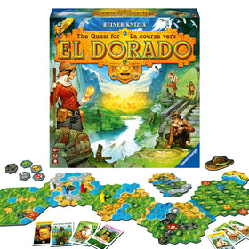 Ravensburger The Quest for El Dorado board with dynamic terrain tiles for endless routes.