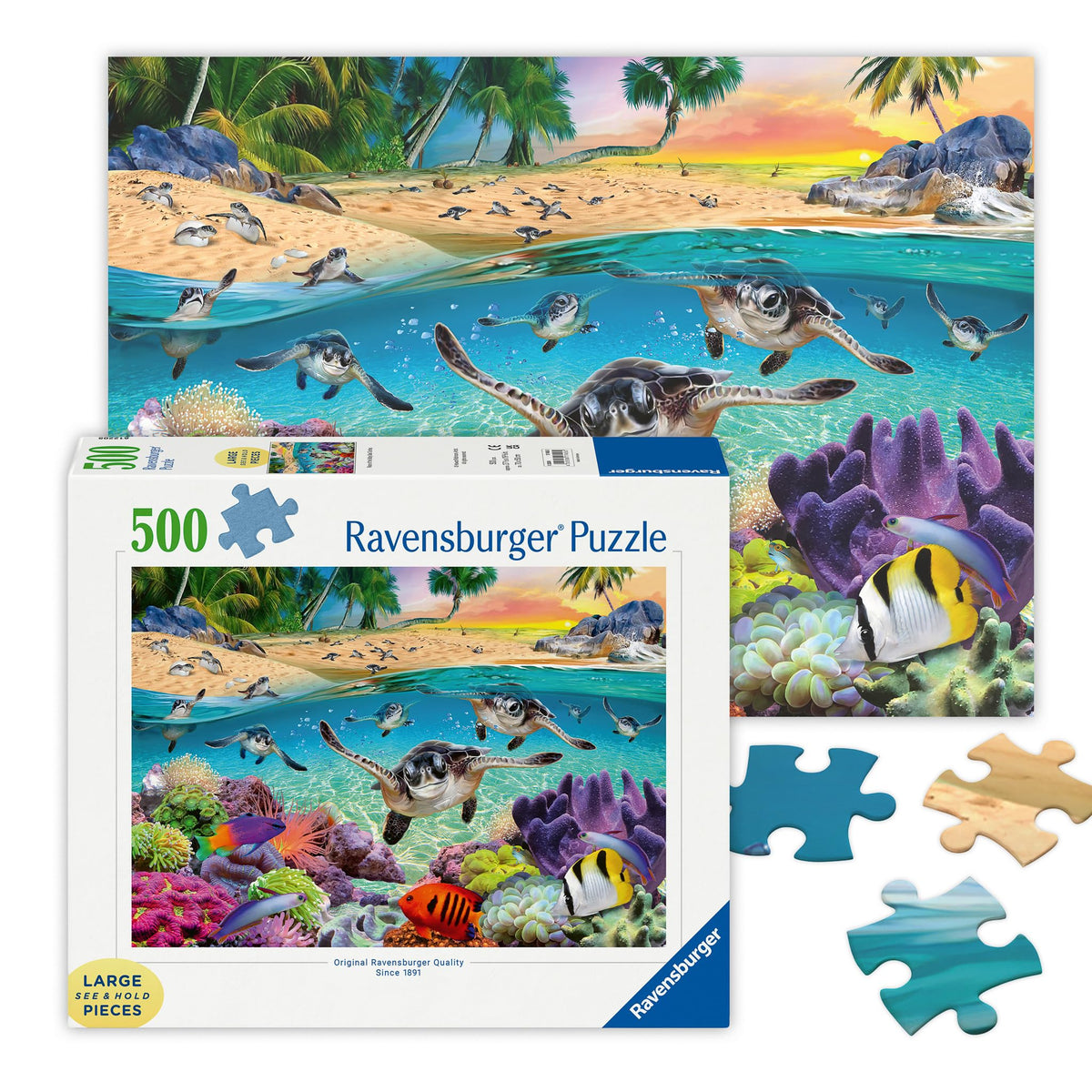 Ravensburger Race of the Baby Sea Turtles beach scene puzzle for family bonding and calm evenings