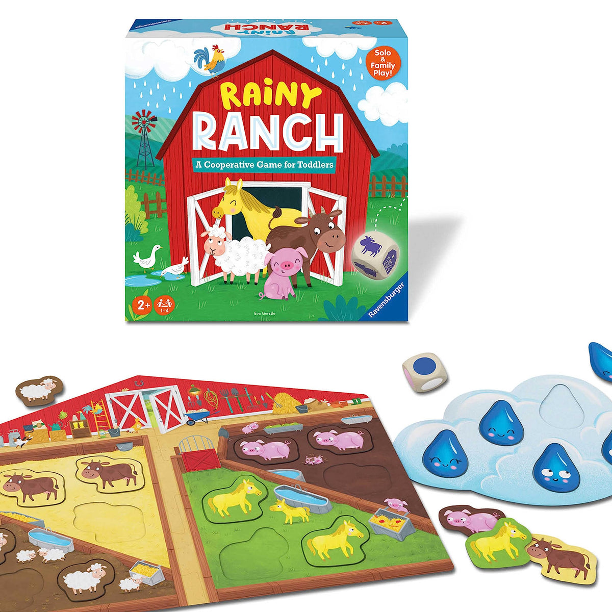 Ravensburger Rainy Ranch symbol die guides cooperative play and turns.