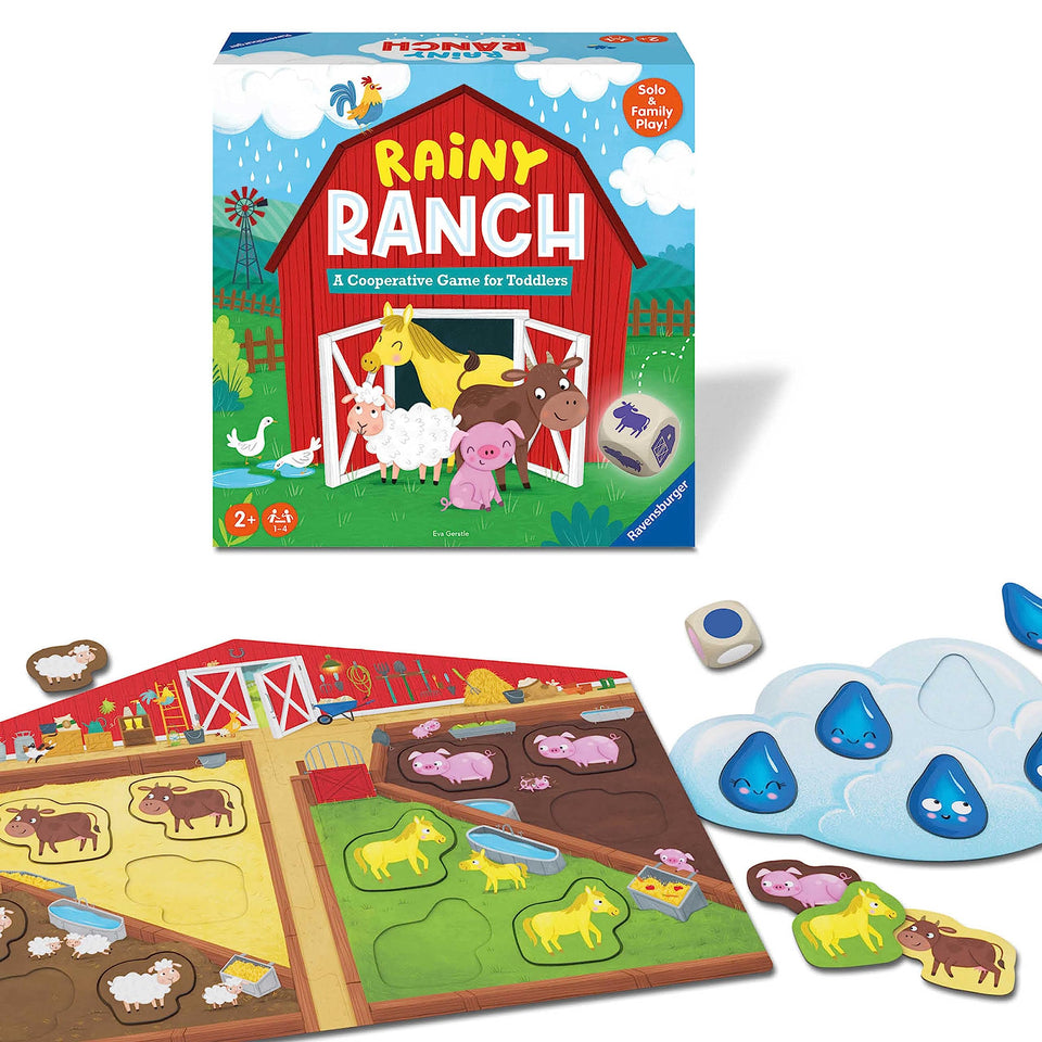 Ravensburger Rainy Ranch symbol die guides cooperative play and turns.