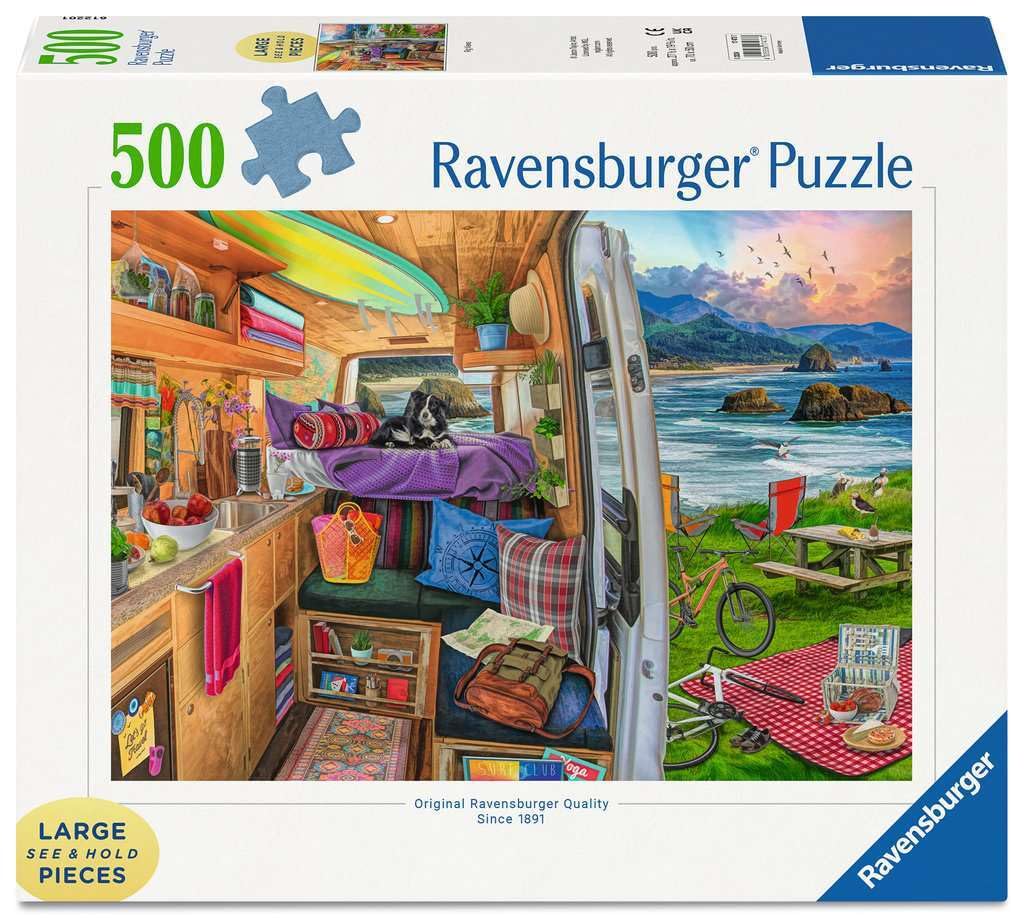 Ravensburger Rig Views puzzle with puffins on a coastal scene; ideal for relaxing puzzle time