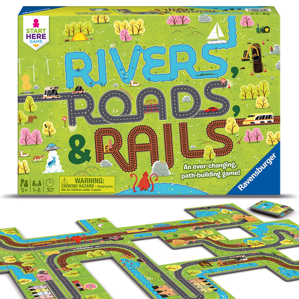 Ravensburger Rivers, Roads and Rails cards enable strategic path-building for kids.