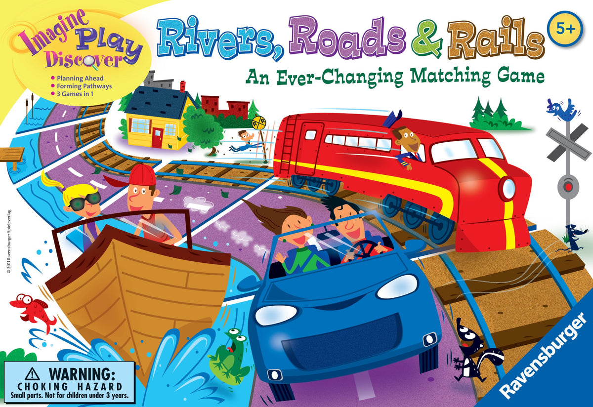 Ravensburger Rivers, Roads and Rails tiles feature vivid illustrations for imaginative route creation.