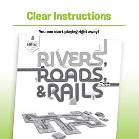 Ravensburger Rivers, Roads and Rails transport-network visuals promote planning and problem-solving.