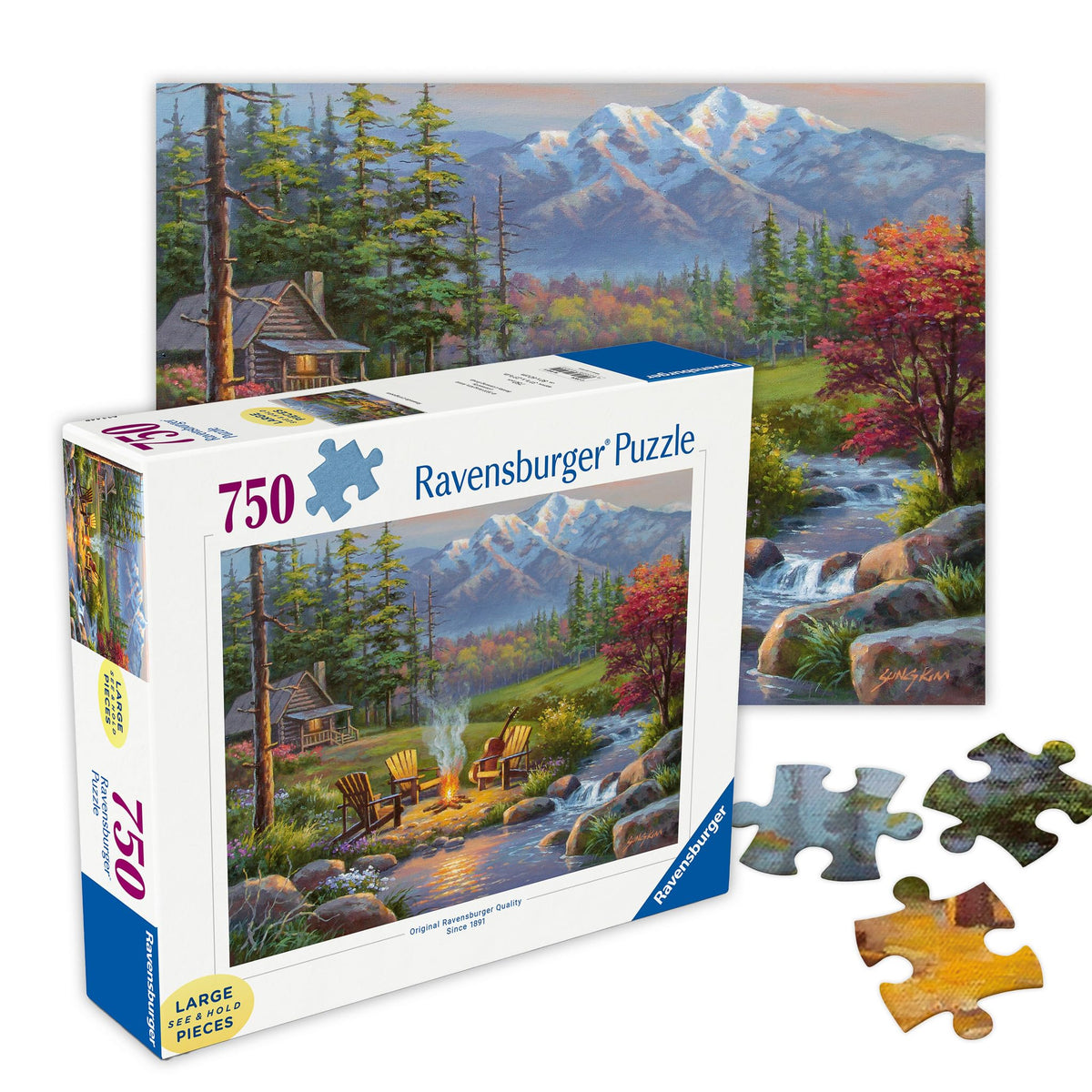 Ravensburger Riverside Livingroom puzzle shows a tranquil cabin scene, ideal for mindful relaxation.