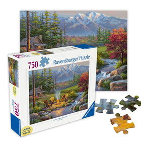 Ravensburger Riverside Livingroom puzzle shows a tranquil cabin scene, ideal for mindful relaxation.