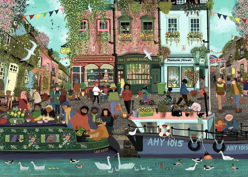 Ravensburger Riverside Town 1000-piece jigsaw showing cobbled streets and charming facades for relaxing breaks.