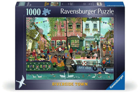 Ravensburger Riverside Town puzzle scene with historic homes, ideal for mindful evenings.