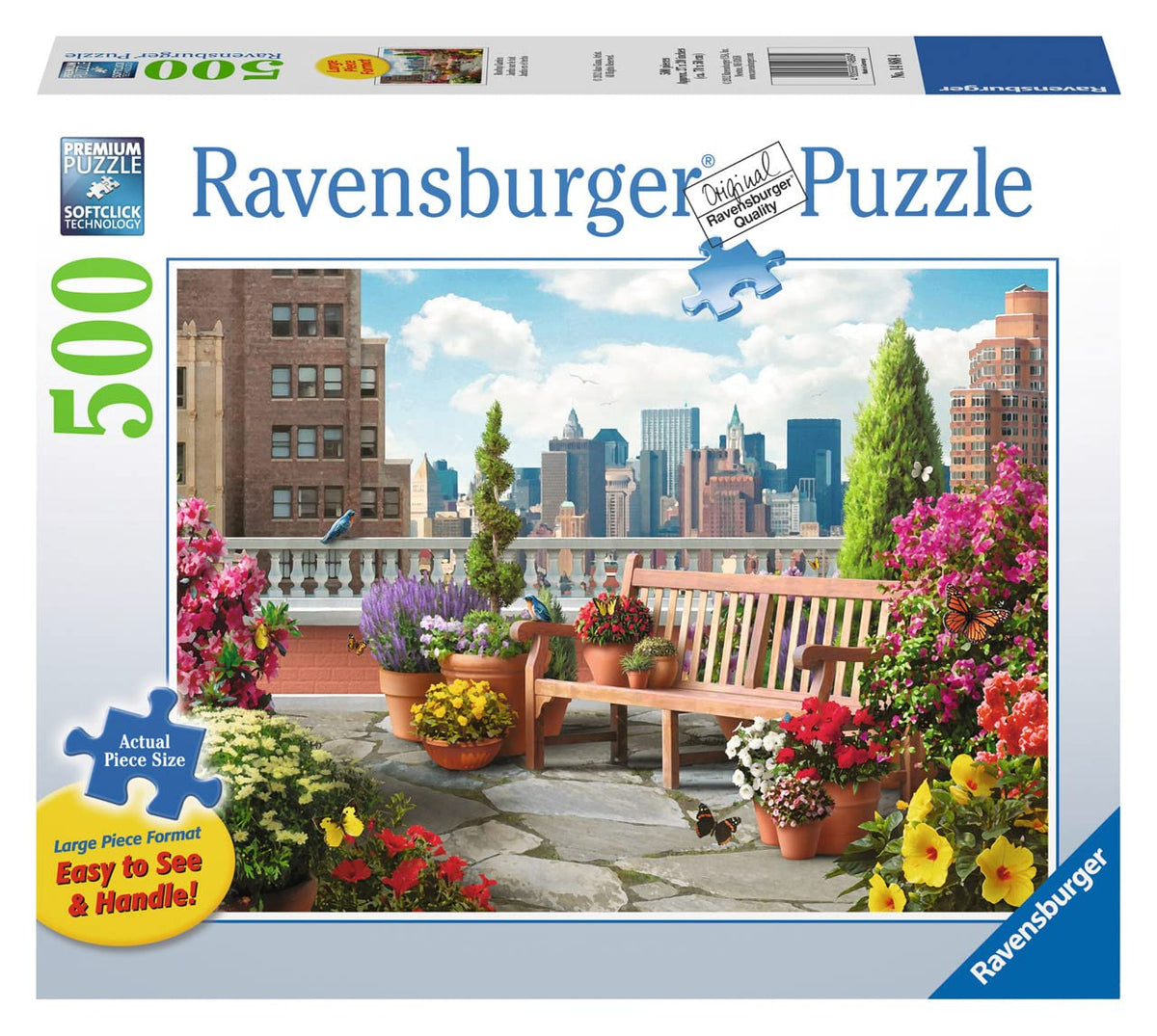Ravensburger Rooftop Garden puzzle cover, vibrant city garden scene for focused, relaxing play.